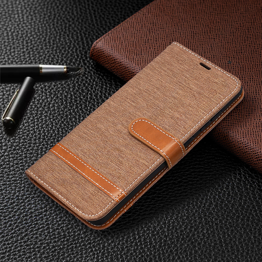 Color Splicing Jeans Cloth Skin Wallet Leather Phone Cover Case for Samsung Galaxy S20 FE 4G/FE 5G/S20 Lite/S20 FE 2022 - Brown