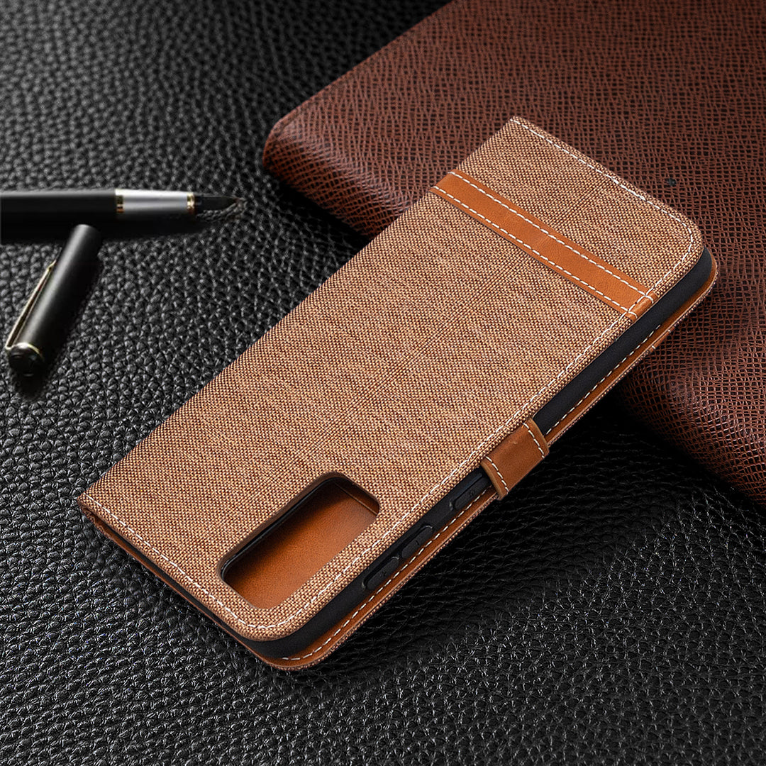 Color Splicing Jeans Cloth Skin Wallet Leather Phone Cover Case for Samsung Galaxy S20 FE 4G/FE 5G/S20 Lite/S20 FE 2022 - Brown