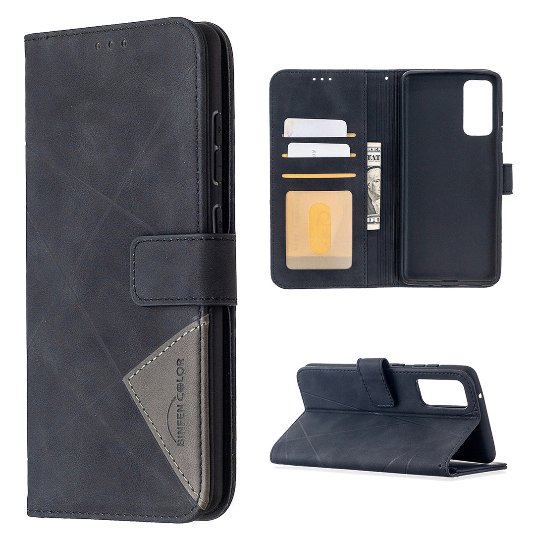 BF05 Geometric Texture Leather Wallet Stand Case Cover for Samsung Galaxy S20 FE 4G/FE 5G/S20 Lite/S20 FE 2022 - Black