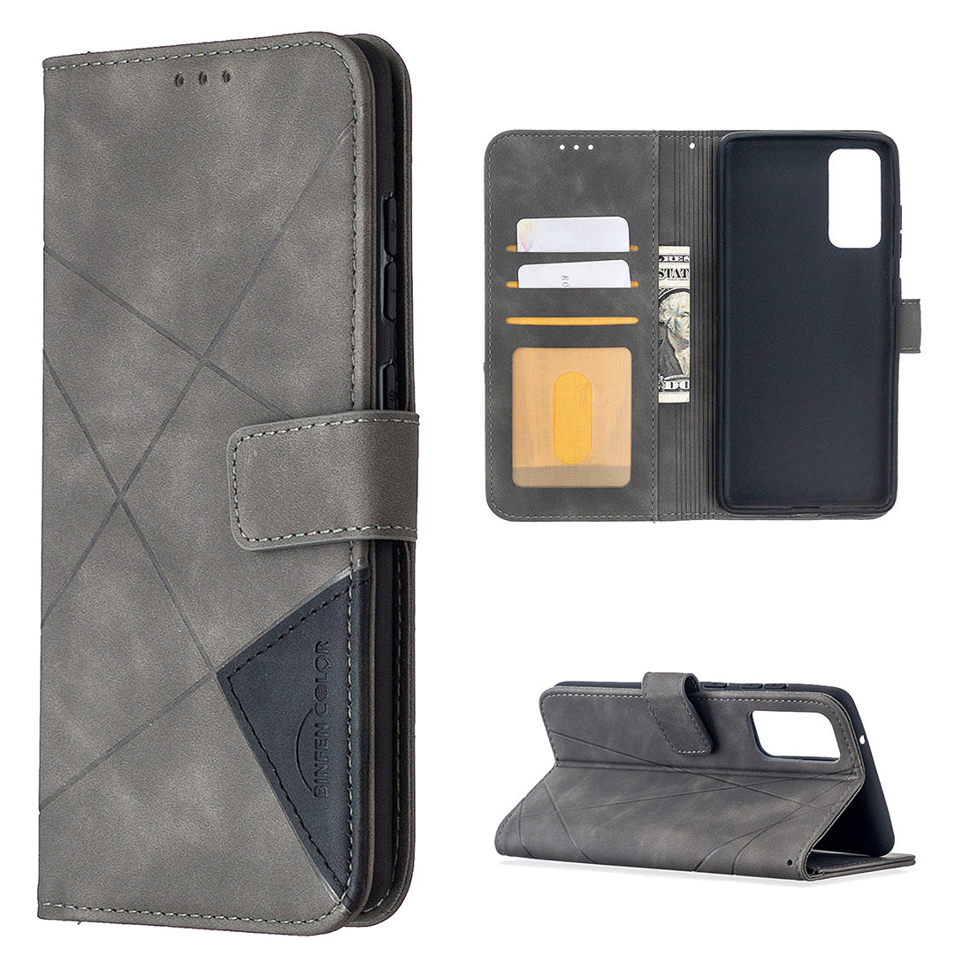 BF05 Geometric Texture Leather Wallet Stand Case Cover for Samsung Galaxy S20 FE 4G/FE 5G/S20 Lite/S20 FE 2022 - Grey