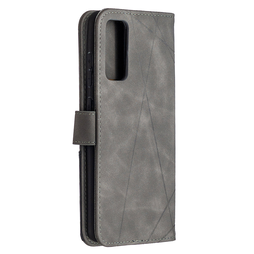 BF05 Geometric Texture Leather Wallet Stand Case Cover for Samsung Galaxy S20 FE 4G/FE 5G/S20 Lite/S20 FE 2022 - Grey