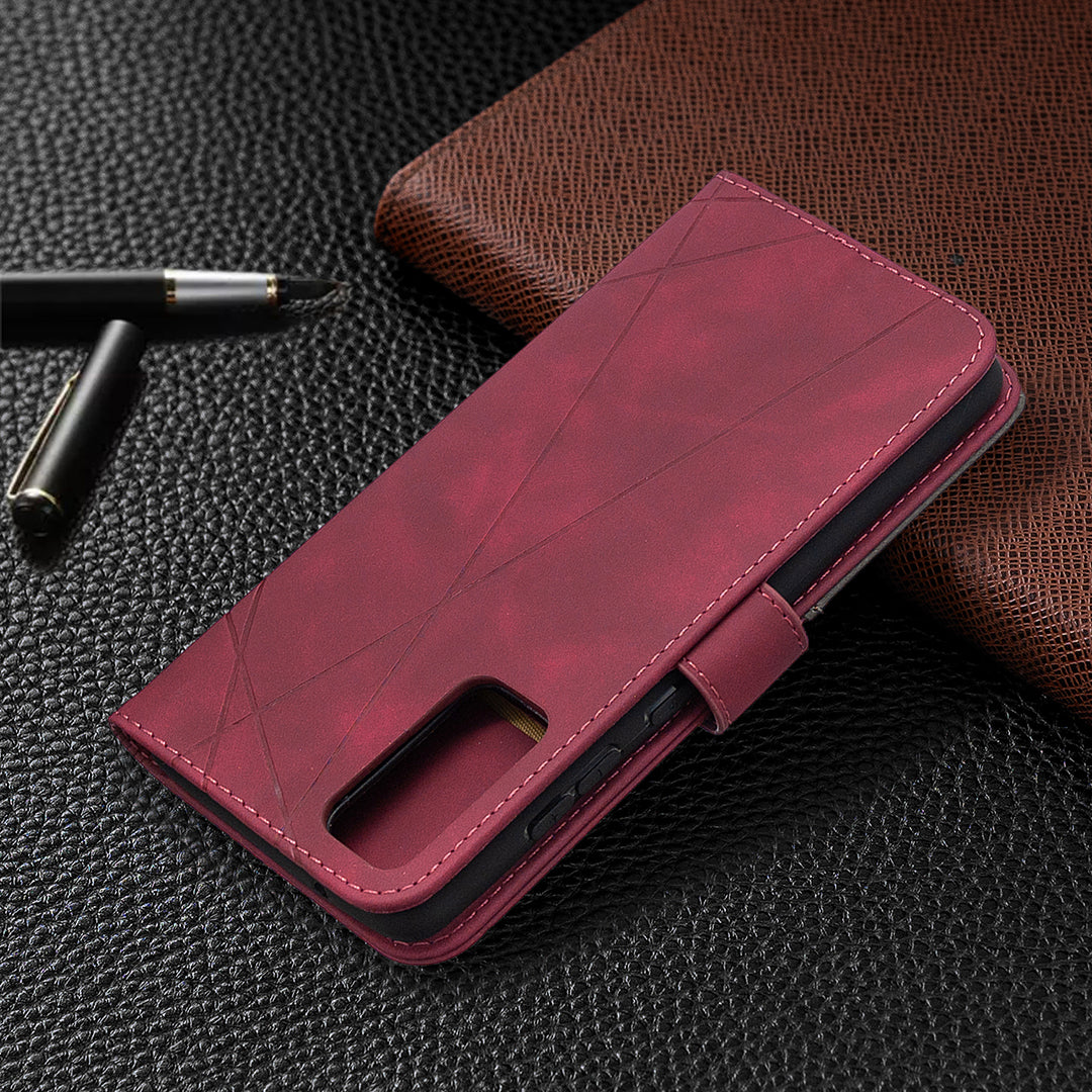 BF05 Geometric Texture Leather Wallet Stand Case Cover for Samsung Galaxy S20 FE 4G/FE 5G/S20 Lite/S20 FE 2022 - Red