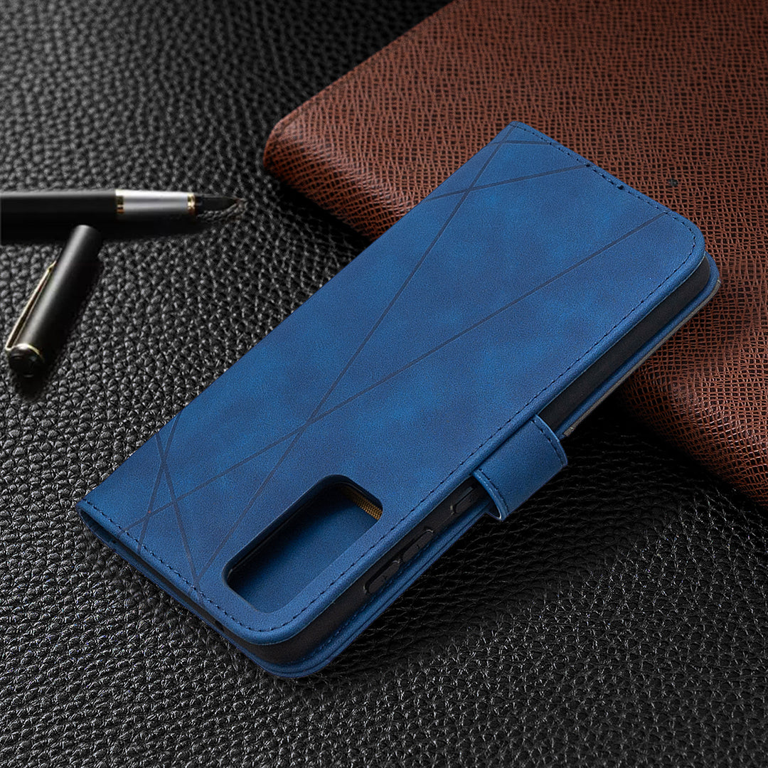 BF05 Geometric Texture Leather Wallet Stand Case Cover for Samsung Galaxy S20 FE 4G/FE 5G/S20 Lite/S20 FE 2022 - Blue