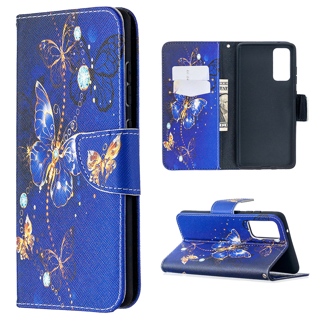 Pattern Printing Case Wallet Stand Leather Cover Protector for Samsung Galaxy S20 FE 4G/FE 5G/S20 Lite/S20 FE 2022 - Dark Blue Butterfly