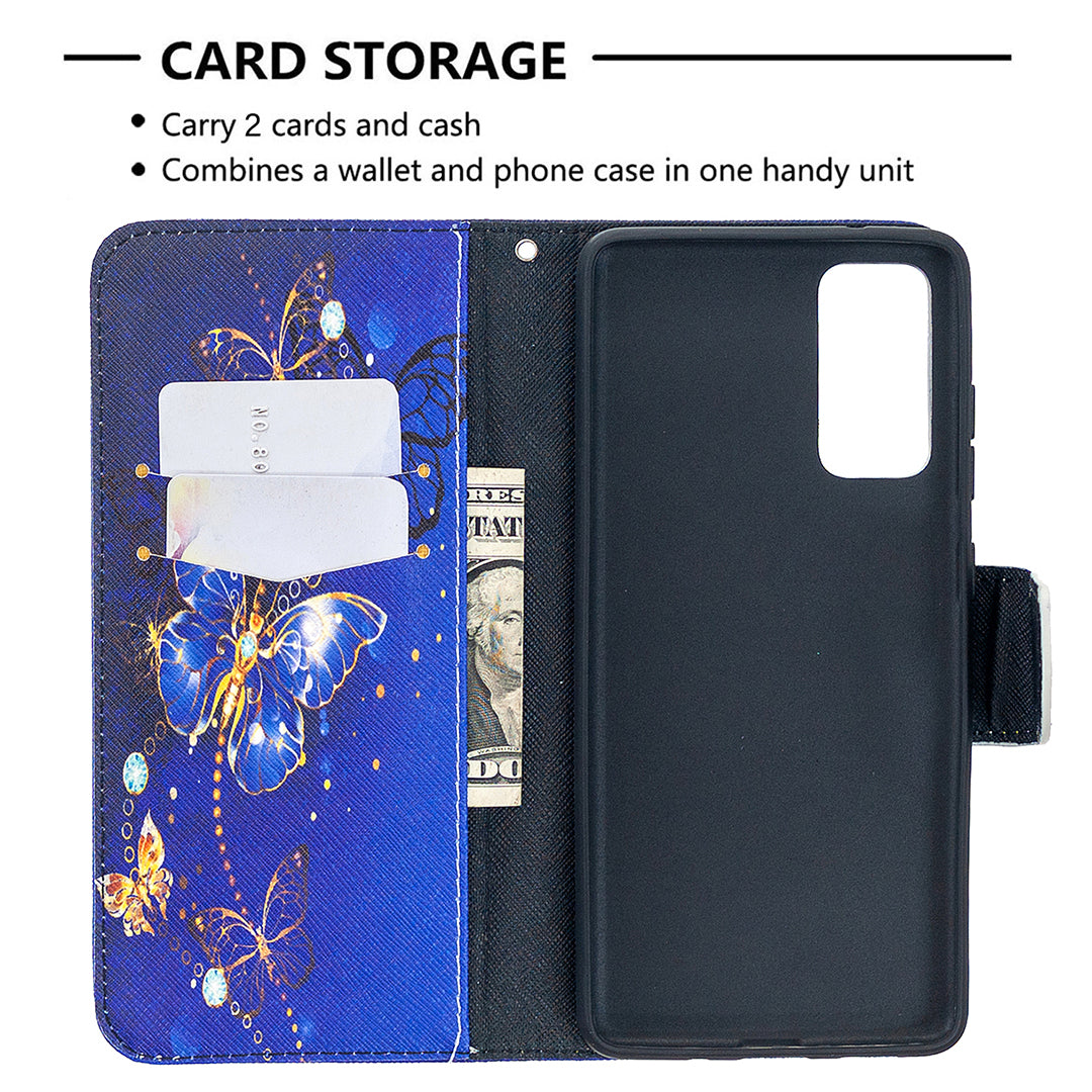 Pattern Printing Case Wallet Stand Leather Cover Protector for Samsung Galaxy S20 FE 4G/FE 5G/S20 Lite/S20 FE 2022 - Dark Blue Butterfly