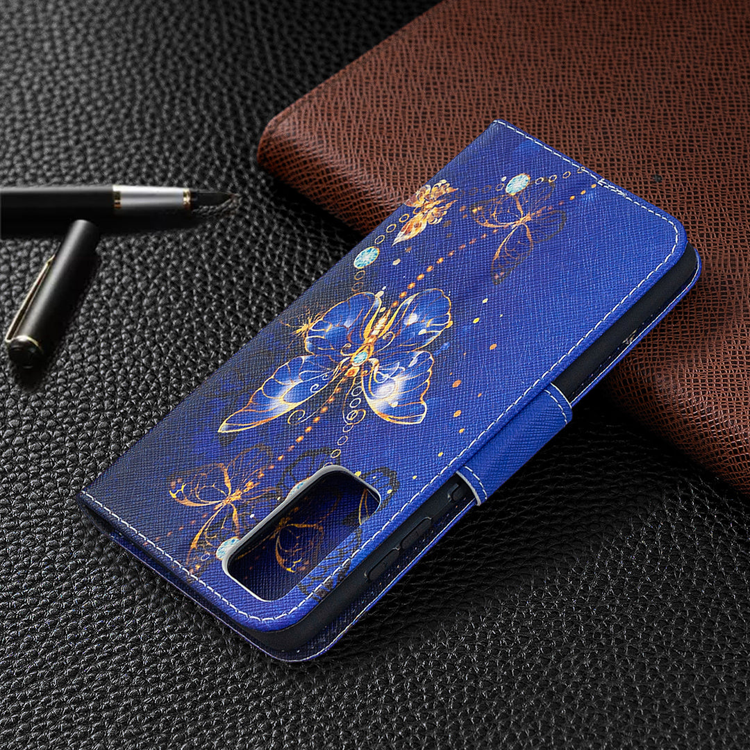 Pattern Printing Case Wallet Stand Leather Cover Protector for Samsung Galaxy S20 FE 4G/FE 5G/S20 Lite/S20 FE 2022 - Dark Blue Butterfly