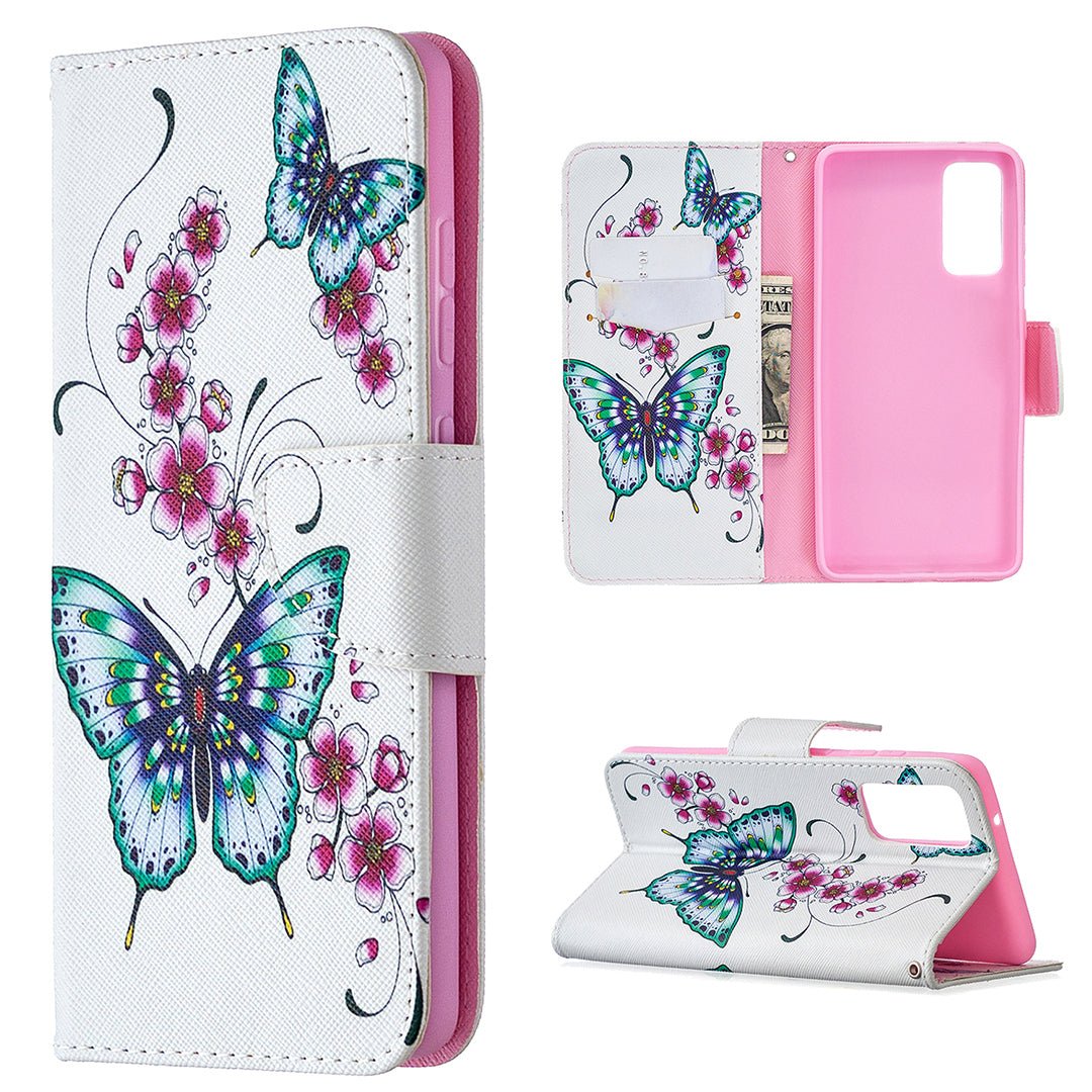 Pattern Printing Case Wallet Stand Leather Cover Protector for Samsung Galaxy S20 FE 4G/FE 5G/S20 Lite/S20 FE 2022 - Green Butterfly