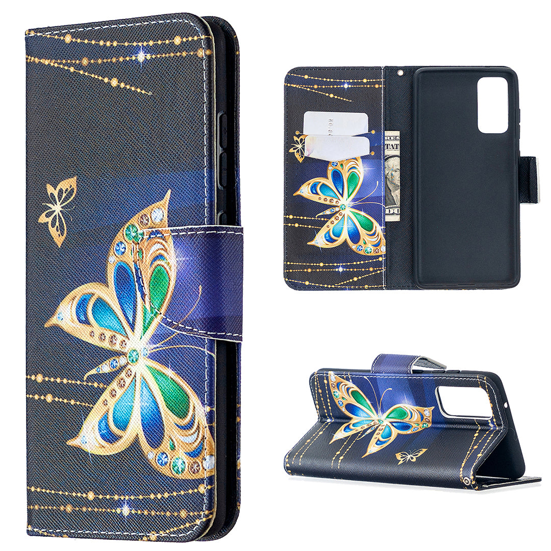 Pattern Printing Case Wallet Stand Leather Cover Protector for Samsung Galaxy S20 FE 4G/FE 5G/S20 Lite/S20 FE 2022 - Green and Blue Butterfly