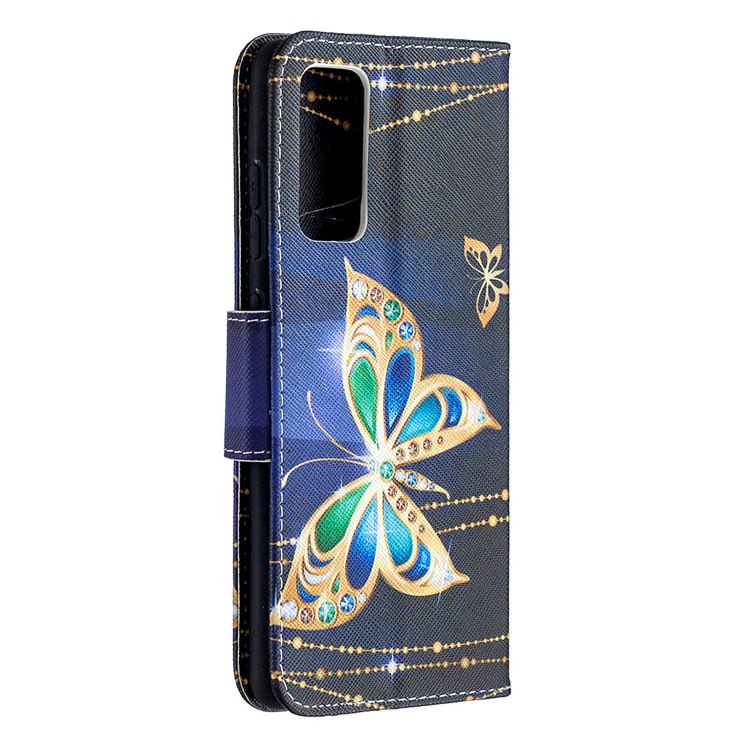 Pattern Printing Case Wallet Stand Leather Cover Protector for Samsung Galaxy S20 FE 4G/FE 5G/S20 Lite/S20 FE 2022 - Green and Blue Butterfly