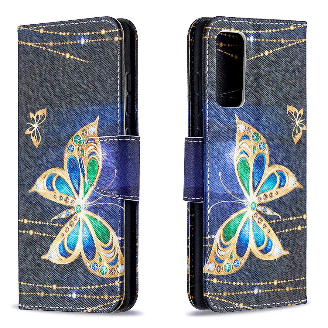 Pattern Printing Case Wallet Stand Leather Cover Protector for Samsung Galaxy S20 FE 4G/FE 5G/S20 Lite/S20 FE 2022 - Green and Blue Butterfly