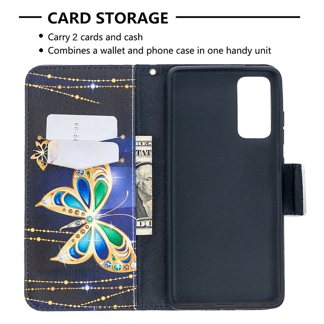 Pattern Printing Case Wallet Stand Leather Cover Protector for Samsung Galaxy S20 FE 4G/FE 5G/S20 Lite/S20 FE 2022 - Green and Blue Butterfly