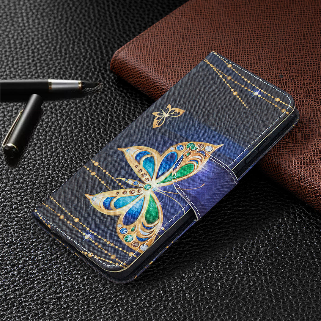 Pattern Printing Case Wallet Stand Leather Cover Protector for Samsung Galaxy S20 FE 4G/FE 5G/S20 Lite/S20 FE 2022 - Green and Blue Butterfly