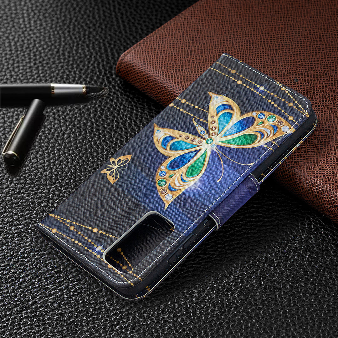 Pattern Printing Case Wallet Stand Leather Cover Protector for Samsung Galaxy S20 FE 4G/FE 5G/S20 Lite/S20 FE 2022 - Green and Blue Butterfly