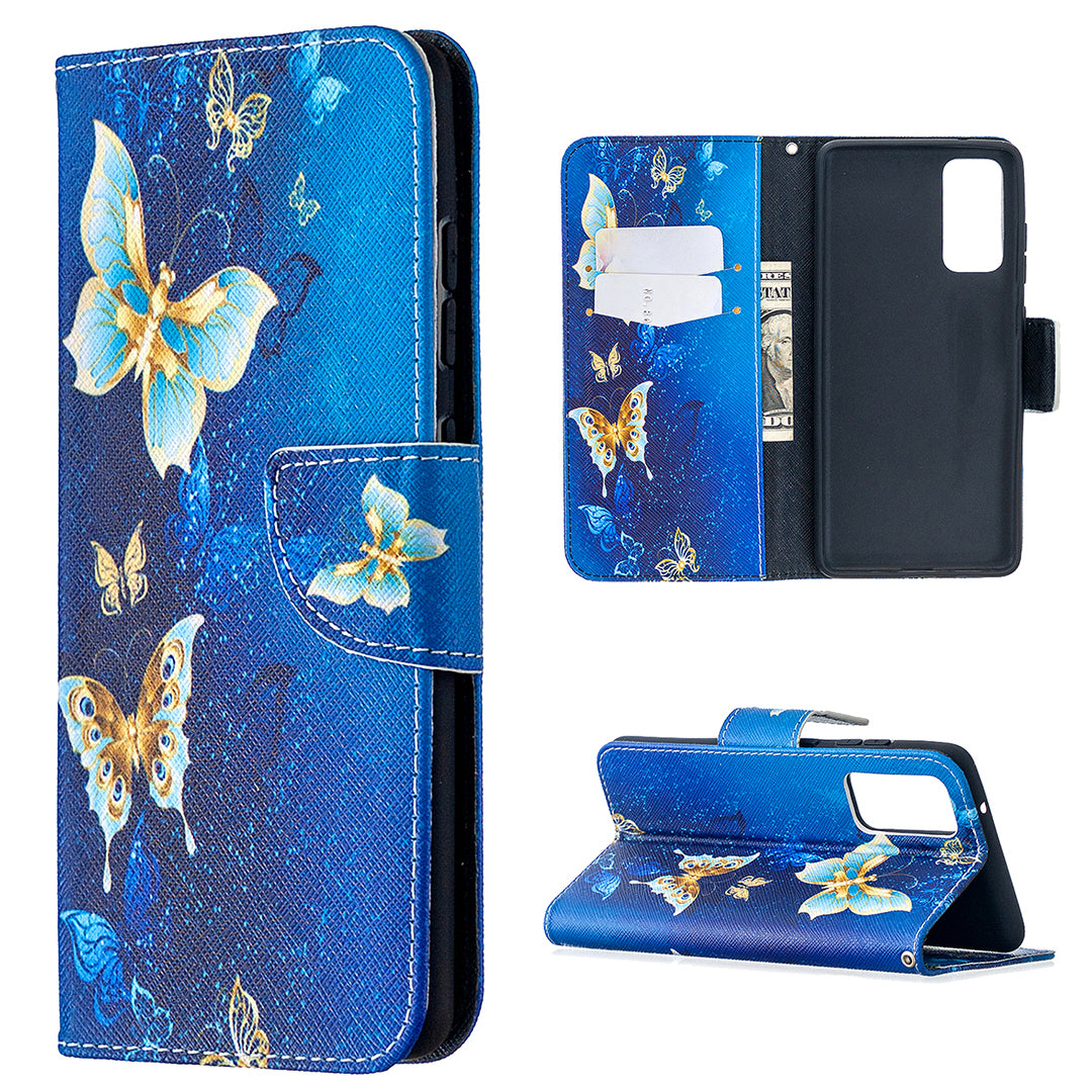 Pattern Printing Case Wallet Stand Leather Cover Protector for Samsung Galaxy S20 FE 4G/FE 5G/S20 Lite/S20 FE 2022 - Blue Butterfly