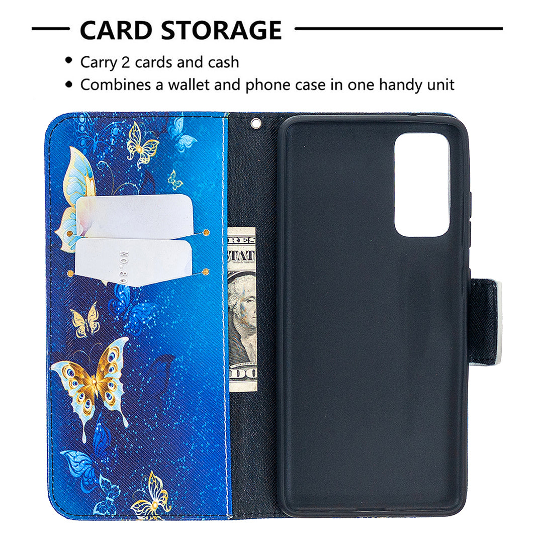 Pattern Printing Case Wallet Stand Leather Cover Protector for Samsung Galaxy S20 FE 4G/FE 5G/S20 Lite/S20 FE 2022 - Blue Butterfly