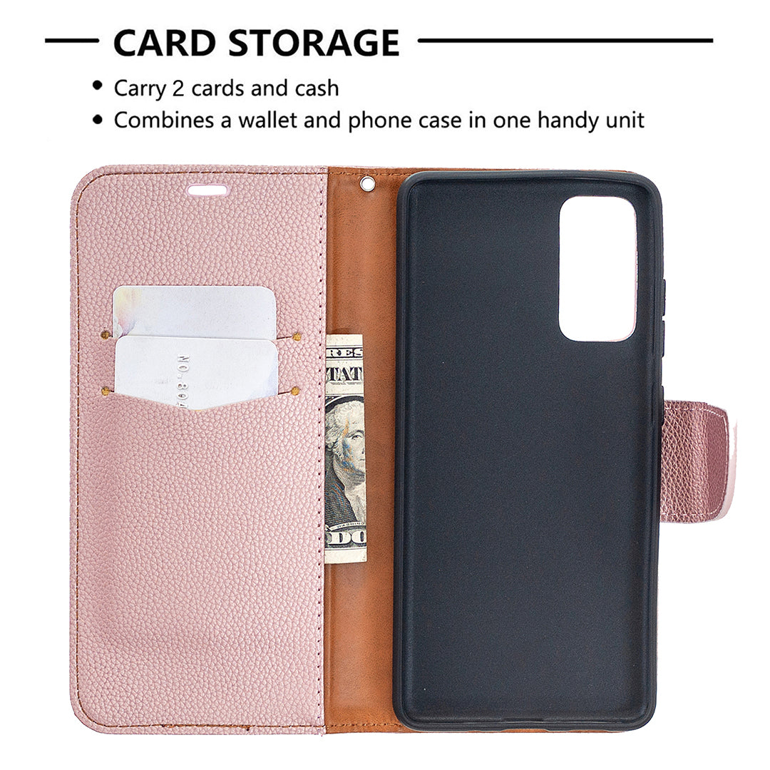 Litchi Surface with Wallet Leather Stand Case for Samsung Galaxy S20 FE 4G/FE 5G/S20 Lite/S20 FE 2022 - Rose Gold