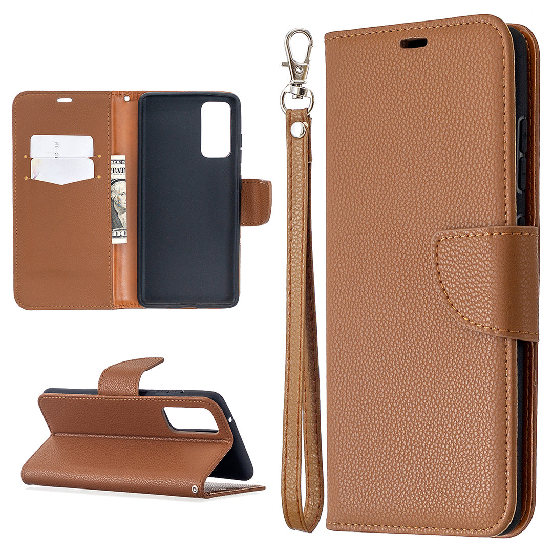 Litchi Surface with Wallet Leather Stand Case for Samsung Galaxy S20 FE 4G/FE 5G/S20 Lite/S20 FE 2022 - Brown