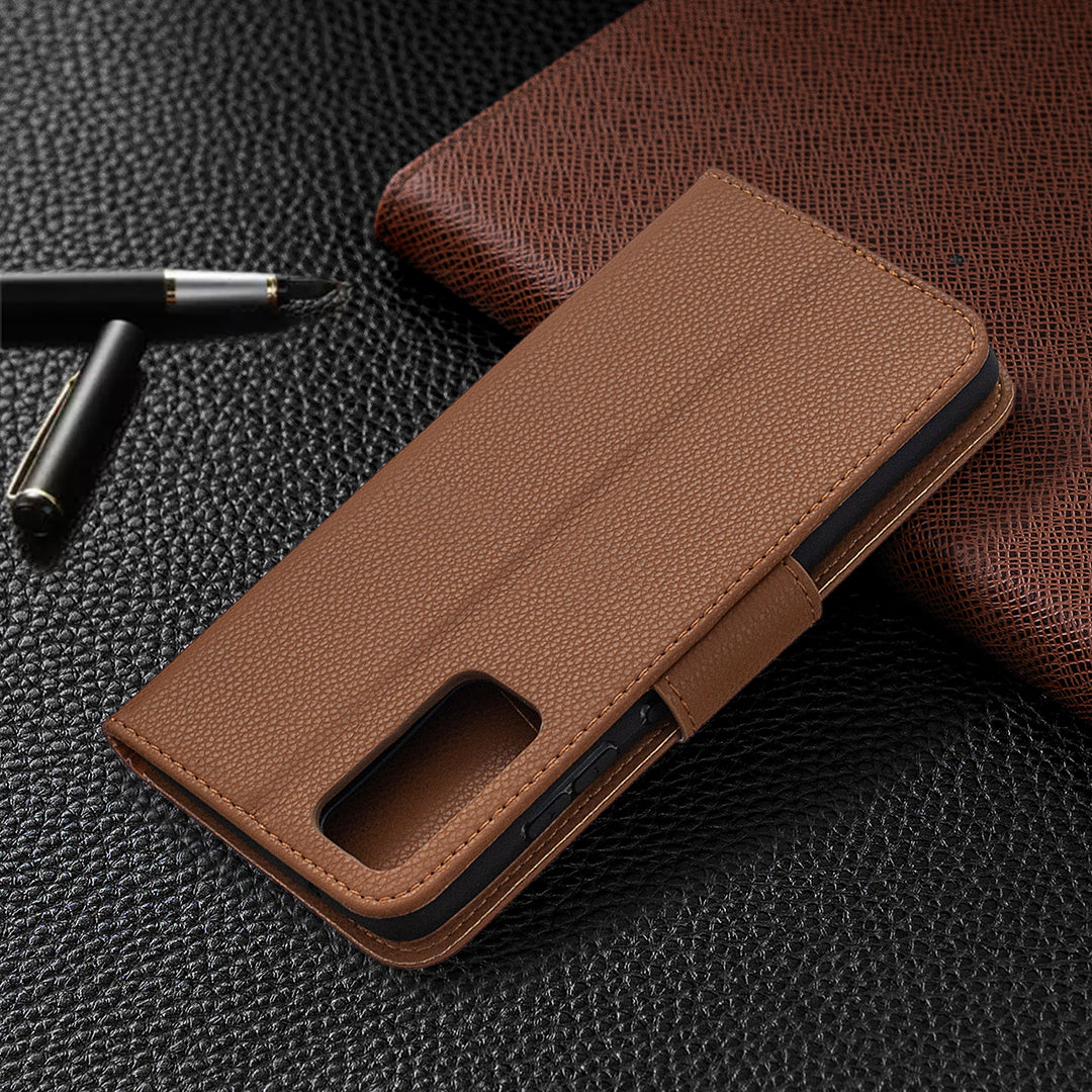 Litchi Surface with Wallet Leather Stand Case for Samsung Galaxy S20 FE 4G/FE 5G/S20 Lite/S20 FE 2022 - Brown