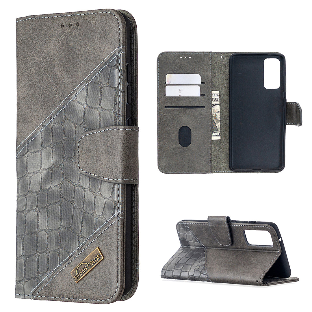 BF04 Splicing Crocodile Texture Wallet Stand Leather Case for Samsung Galaxy S20 FE 4G/FE 5G/S20 Lite/S20 FE 2022 - Grey