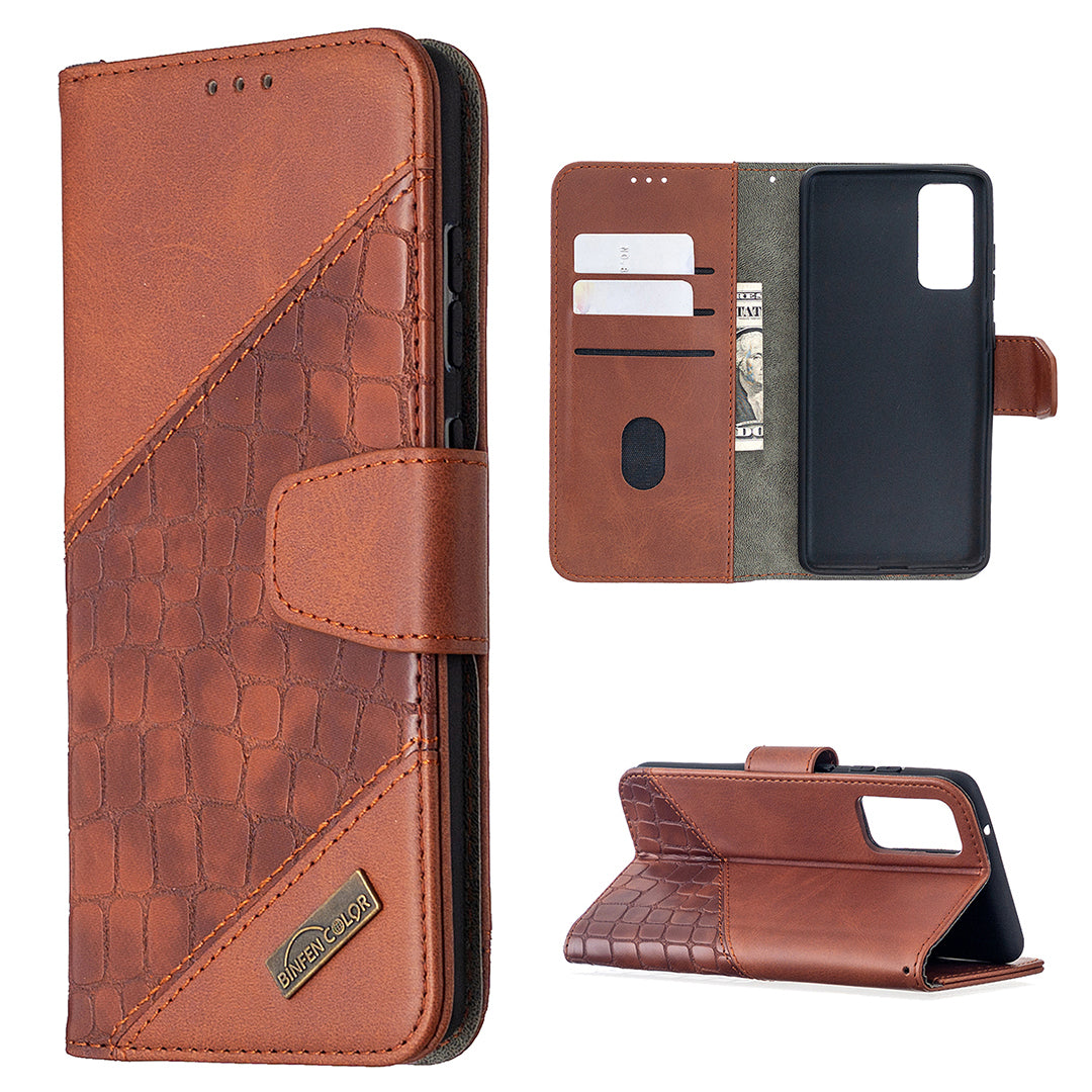 BF04 Splicing Crocodile Texture Wallet Stand Leather Case for Samsung Galaxy S20 FE 4G/FE 5G/S20 Lite/S20 FE 2022 - Brown