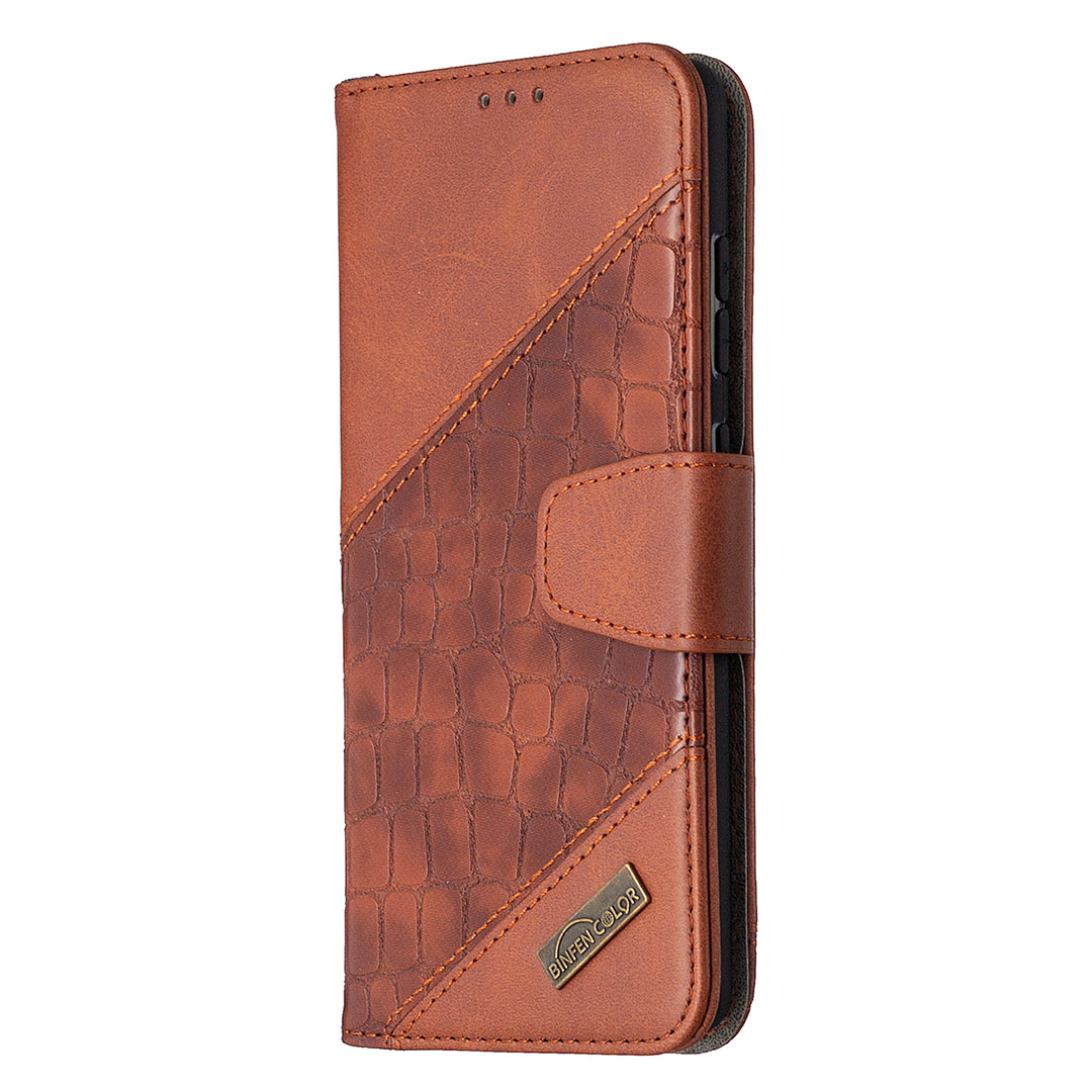 BF04 Splicing Crocodile Texture Wallet Stand Leather Case for Samsung Galaxy S20 FE 4G/FE 5G/S20 Lite/S20 FE 2022 - Brown