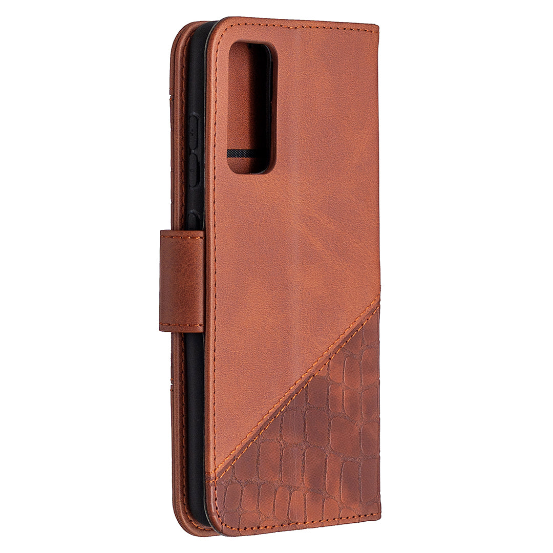 BF04 Splicing Crocodile Texture Wallet Stand Leather Case for Samsung Galaxy S20 FE 4G/FE 5G/S20 Lite/S20 FE 2022 - Brown