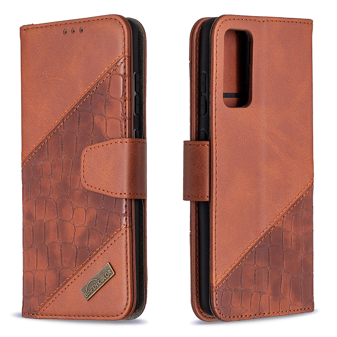 BF04 Splicing Crocodile Texture Wallet Stand Leather Case for Samsung Galaxy S20 FE 4G/FE 5G/S20 Lite/S20 FE 2022 - Brown