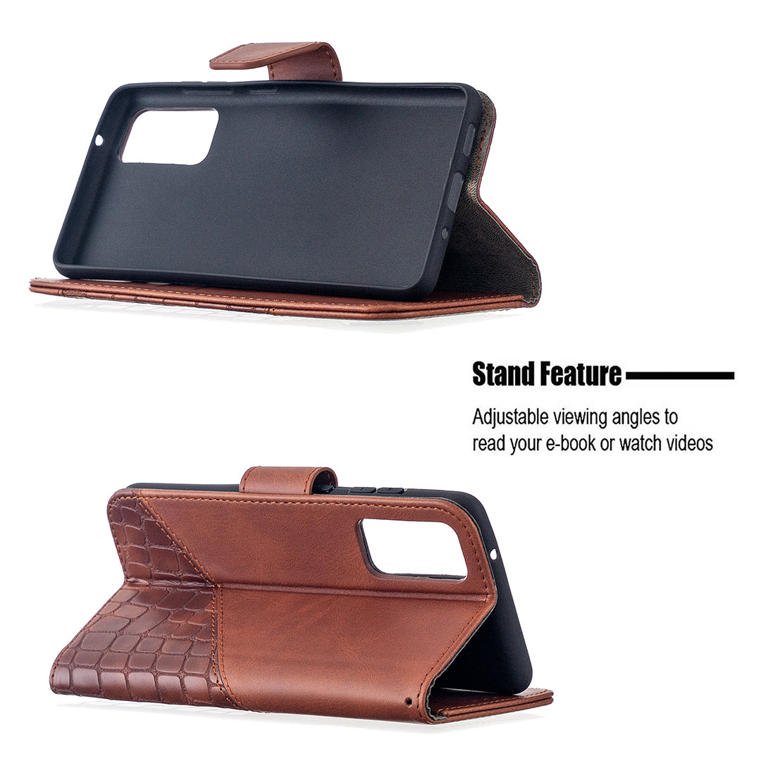 BF04 Splicing Crocodile Texture Wallet Stand Leather Case for Samsung Galaxy S20 FE 4G/FE 5G/S20 Lite/S20 FE 2022 - Brown