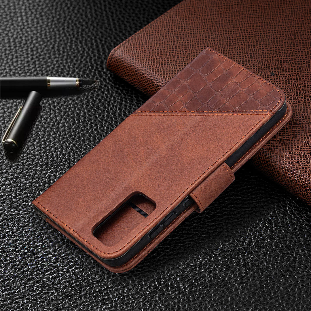 BF04 Splicing Crocodile Texture Wallet Stand Leather Case for Samsung Galaxy S20 FE 4G/FE 5G/S20 Lite/S20 FE 2022 - Brown