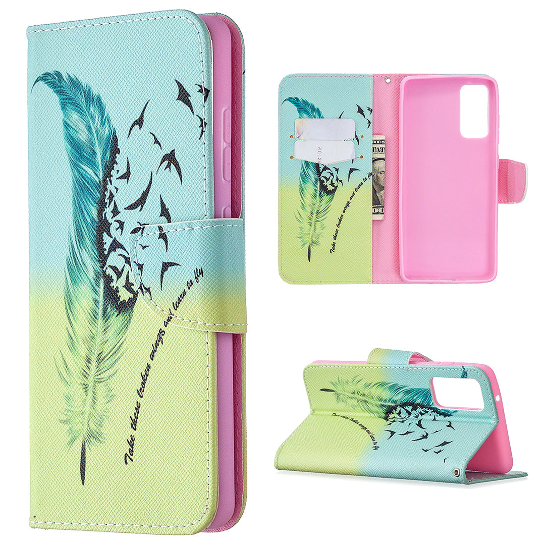 Pattern Printing Leather Wallet Protective Shell for Samsung Galaxy S20 FE 4G/FE 5G/S20 Lite/S20 FE 2022 - Feather