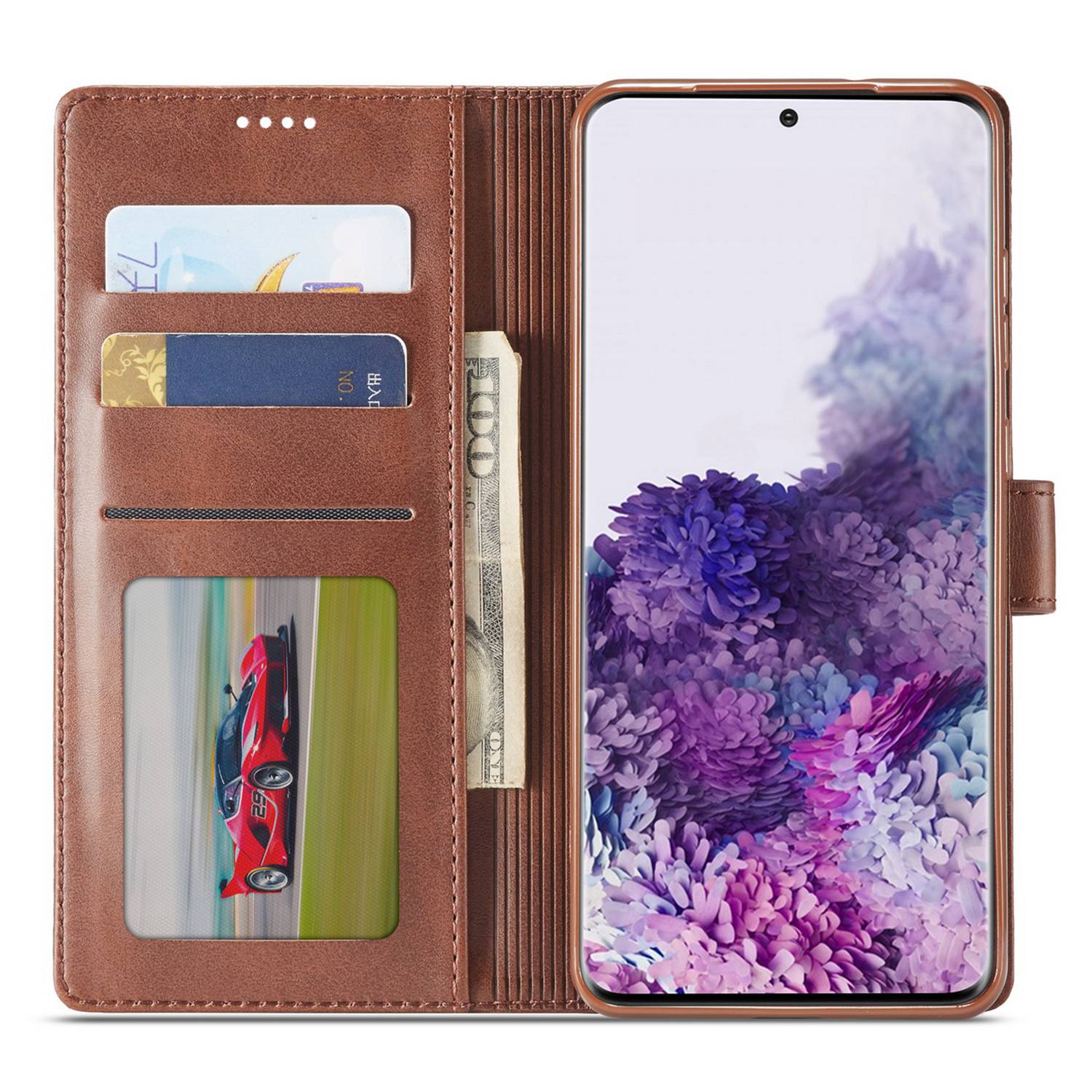 LC.IMEEKE Leather Wallet Stand Case with Reserved Front Cutout for Samsung Galaxy S20 FE 4G/FE 5G/S20 Lite/S20 FE 2022 - Coffee