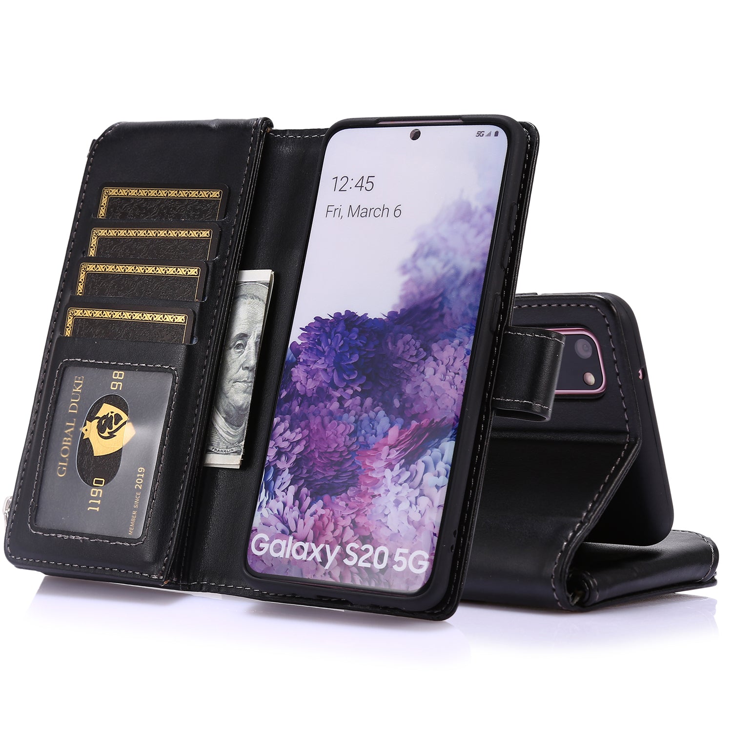 Leather Coated TPU Wallet Phone Stand Case with 9 Card Slots Kickstand Shell for Samsung Galaxy S20 4G/S20 5G - Black