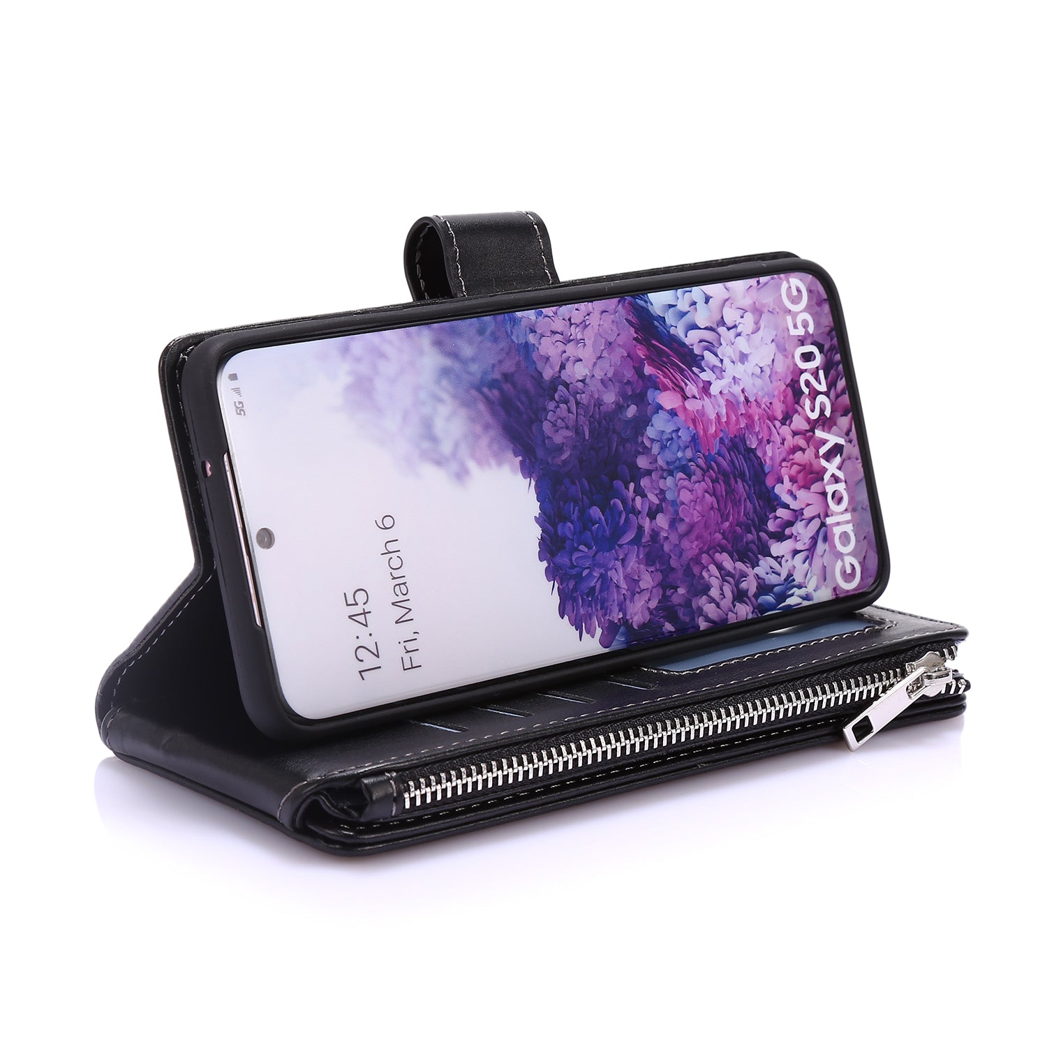 Leather Coated TPU Wallet Phone Stand Case with 9 Card Slots Kickstand Shell for Samsung Galaxy S20 4G/S20 5G - Black