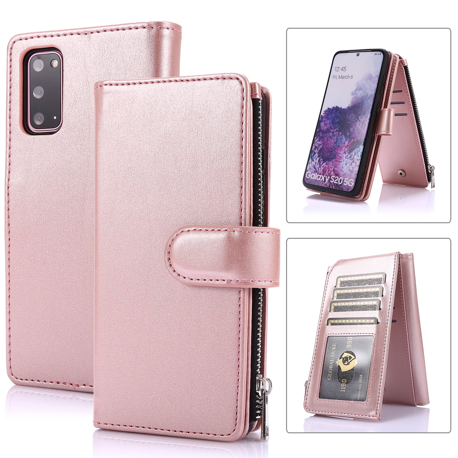 Leather Coated TPU Wallet Phone Stand Case with 9 Card Slots Kickstand Shell for Samsung Galaxy S20 4G/S20 5G - Rose Gold