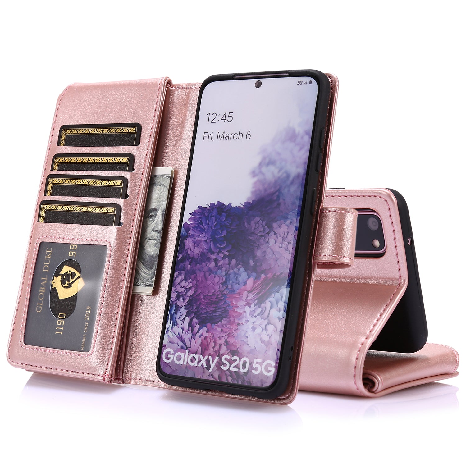 Leather Coated TPU Wallet Phone Stand Case with 9 Card Slots Kickstand Shell for Samsung Galaxy S20 4G/S20 5G - Rose Gold