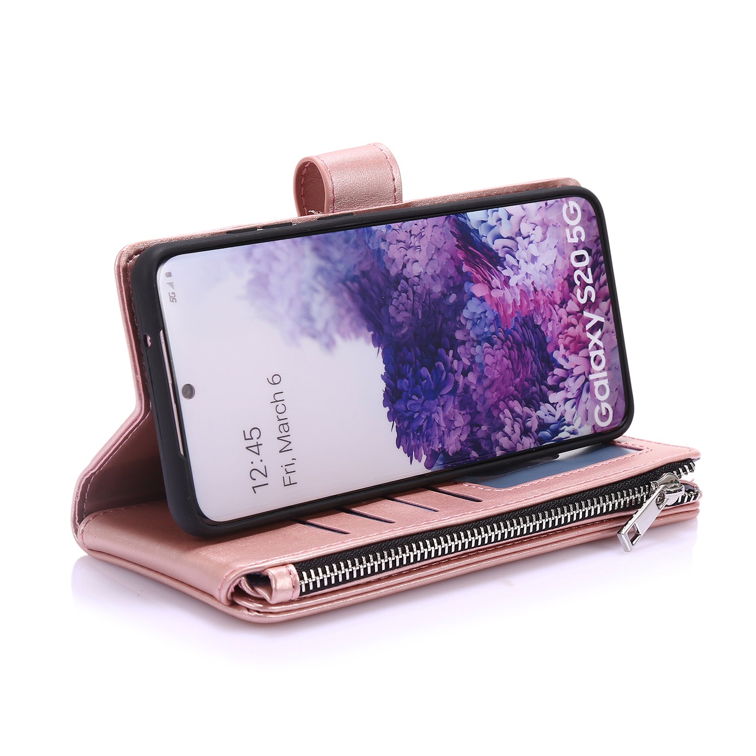 Leather Coated TPU Wallet Phone Stand Case with 9 Card Slots Kickstand Shell for Samsung Galaxy S20 4G/S20 5G - Rose Gold