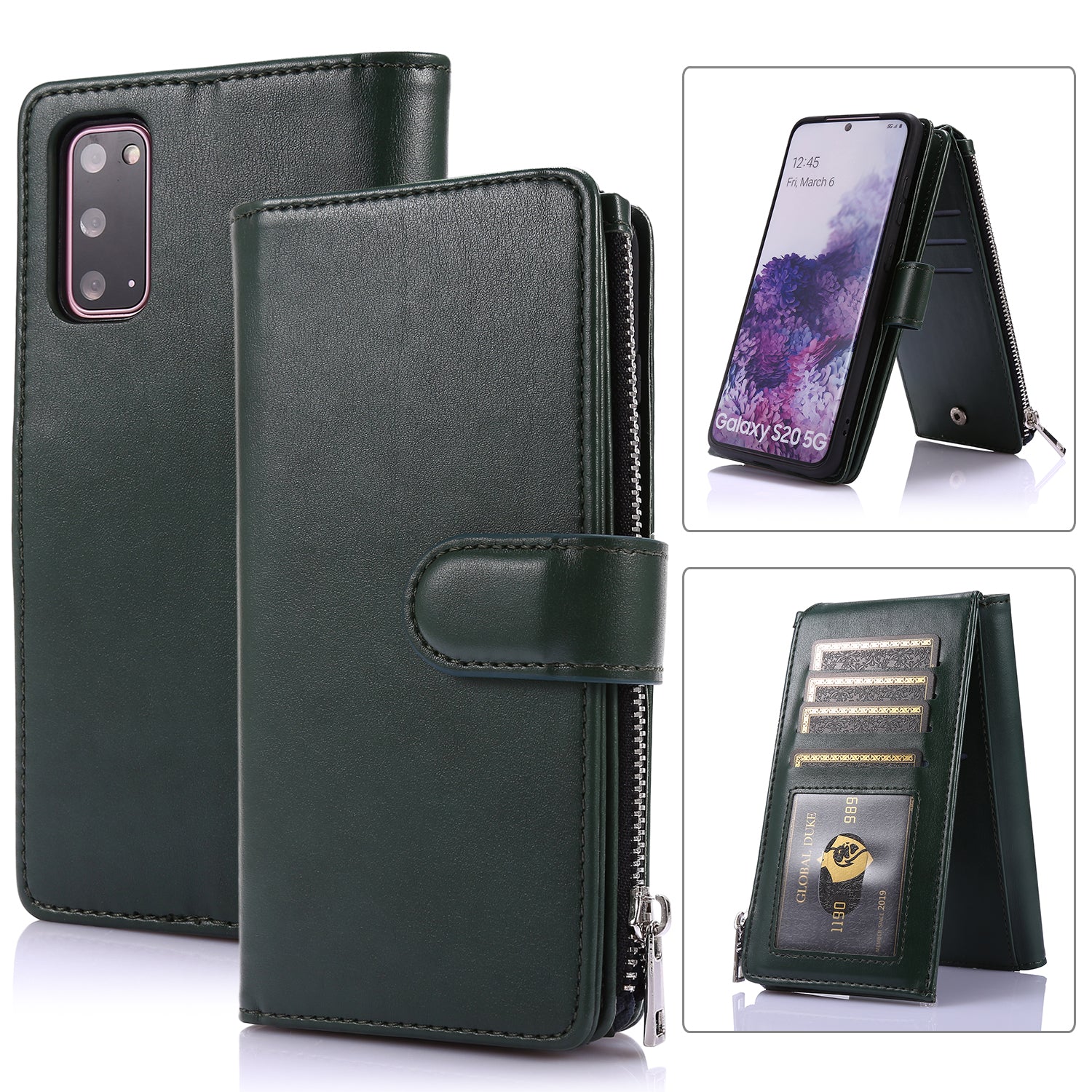 Leather Coated TPU Wallet Phone Stand Case with 9 Card Slots Kickstand Shell for Samsung Galaxy S20 4G/S20 5G - Green