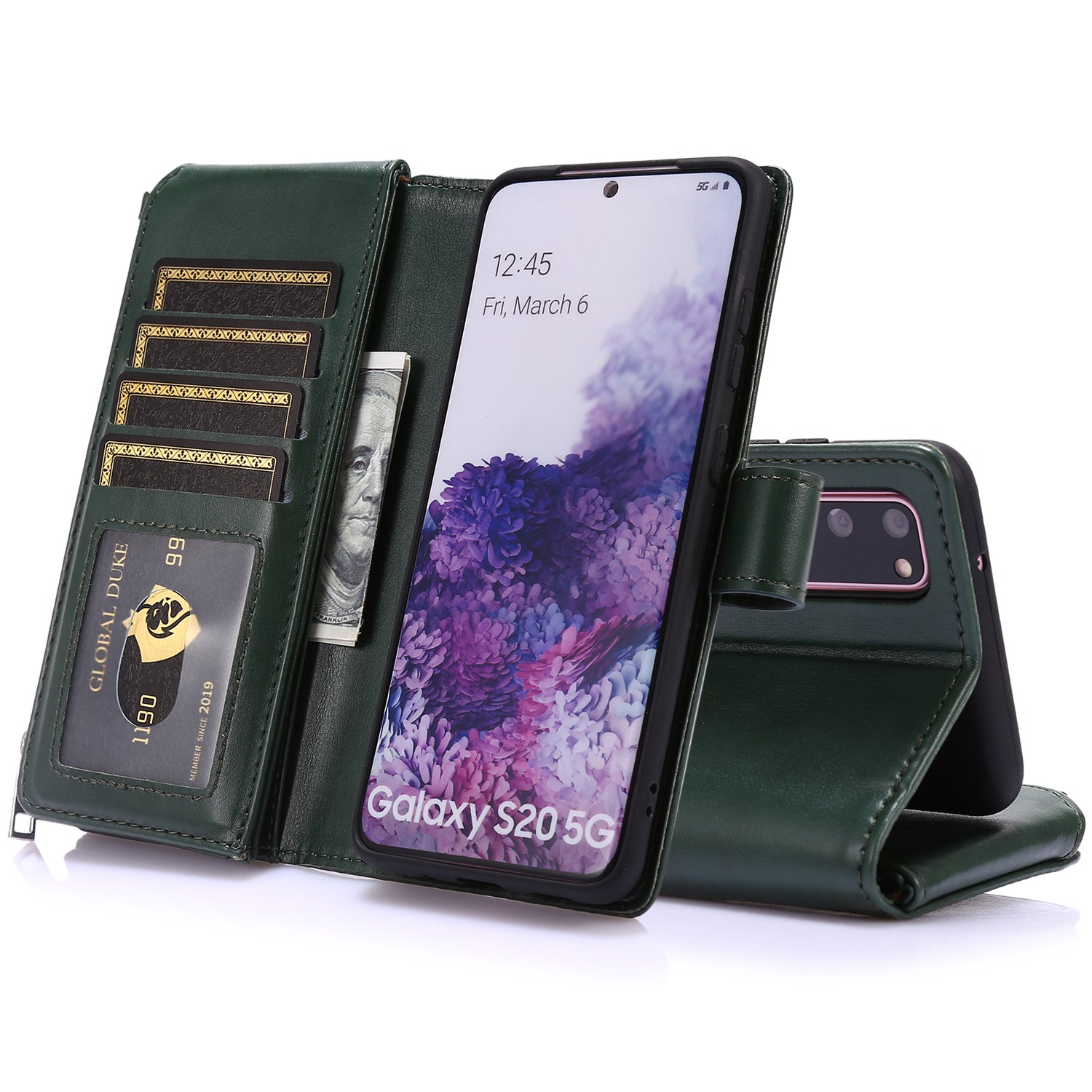 Leather Coated TPU Wallet Phone Stand Case with 9 Card Slots Kickstand Shell for Samsung Galaxy S20 4G/S20 5G - Green