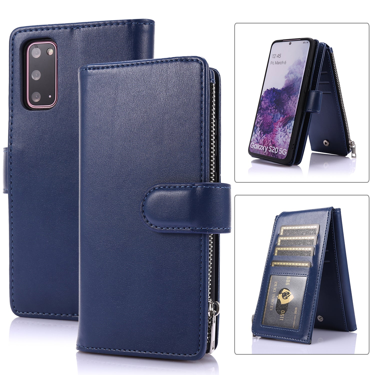 Leather Coated TPU Wallet Phone Stand Case with 9 Card Slots Kickstand Shell for Samsung Galaxy S20 4G/S20 5G - Blue