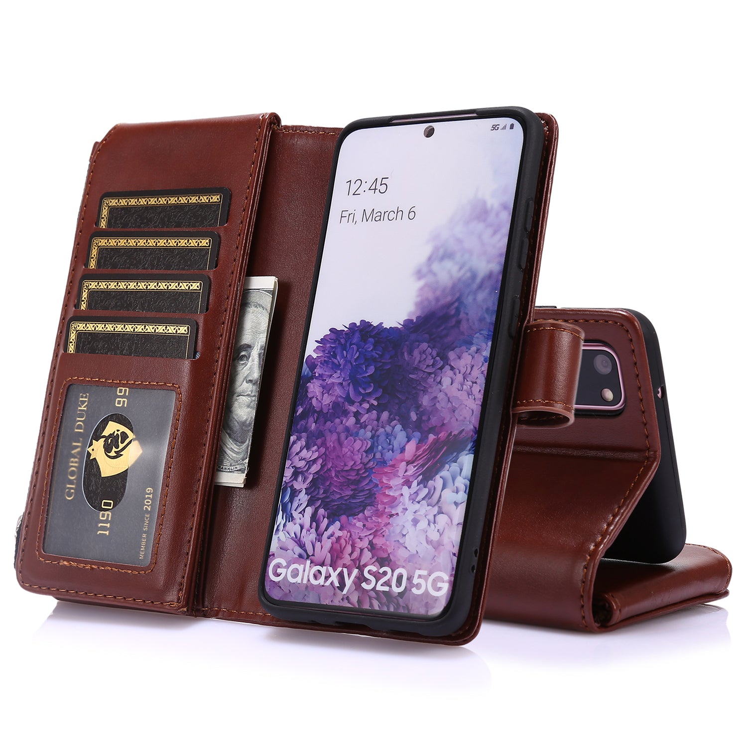 Leather Coated TPU Wallet Phone Stand Case with 9 Card Slots Kickstand Shell for Samsung Galaxy S20 4G/S20 5G - Brown