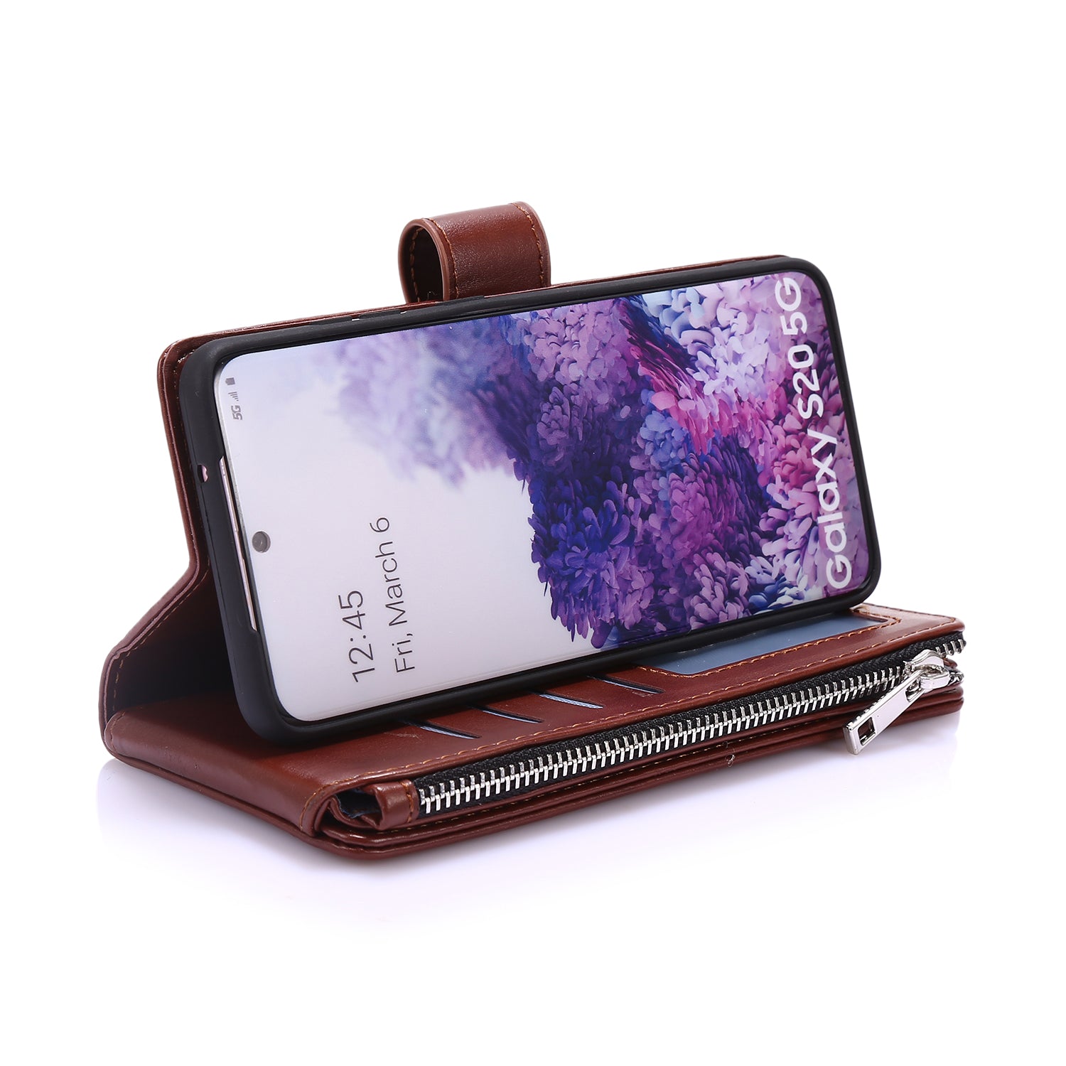 Leather Coated TPU Wallet Phone Stand Case with 9 Card Slots Kickstand Shell for Samsung Galaxy S20 4G/S20 5G - Brown