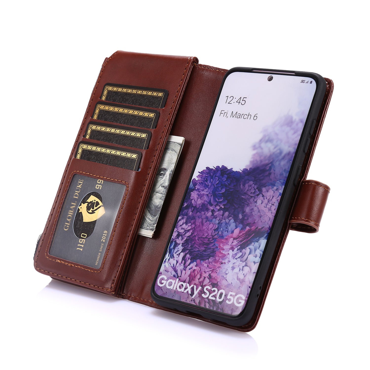 Leather Coated TPU Wallet Phone Stand Case with 9 Card Slots Kickstand Shell for Samsung Galaxy S20 4G/S20 5G - Brown