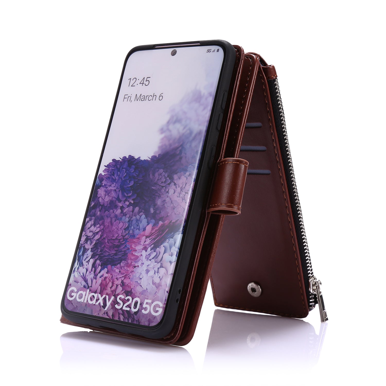 Leather Coated TPU Wallet Phone Stand Case with 9 Card Slots Kickstand Shell for Samsung Galaxy S20 4G/S20 5G - Brown