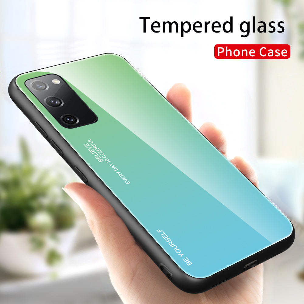 Gradient Tempered Glass PC TPU Hybrid Case for Samsung Galaxy S20 FE 4G/FE 5G/S20 Lite/S20 FE 2022 - Cyan / Blue