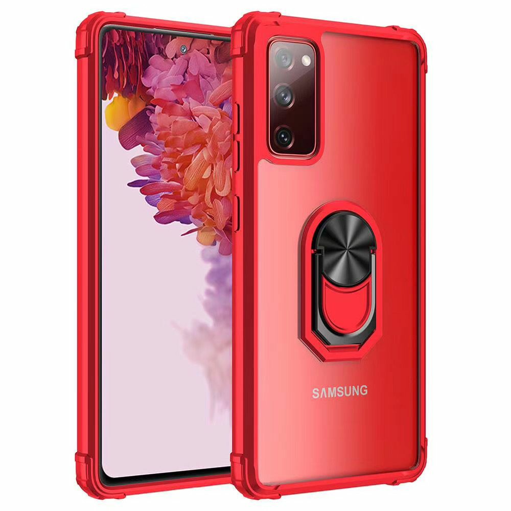 For Samsung Galaxy S20 FE 4G/FE 5G/S20 Lite/S20 FE 2022 Hard Acrylic Soft TPU Edge Clear Case Ring Holder Kickstand Magnetic Back Cover - Red