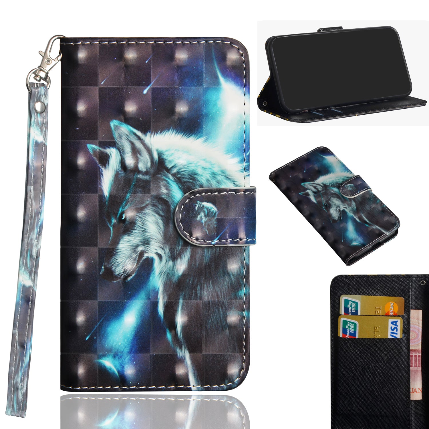 Light Spot Decor Pattern Printing Wallet Stand Leather Shell with Strap for Samsung Galaxy S20 FE 4G/FE 5G/S20 Lite/S20 FE 2022 - Wolf