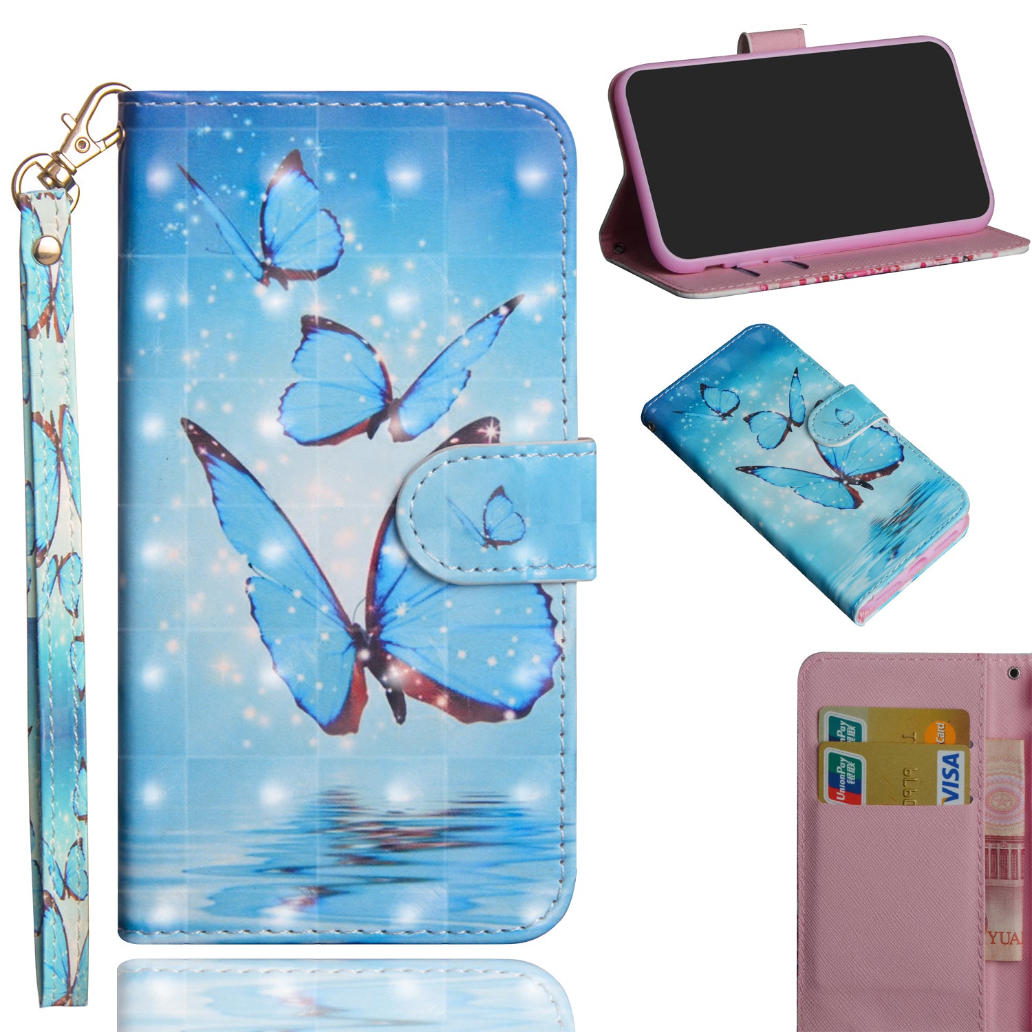 Light Spot Decor Pattern Printing Wallet Stand Leather Shell with Strap for Samsung Galaxy S20 FE 4G/FE 5G/S20 Lite/S20 FE 2022 - Blue Butterfly