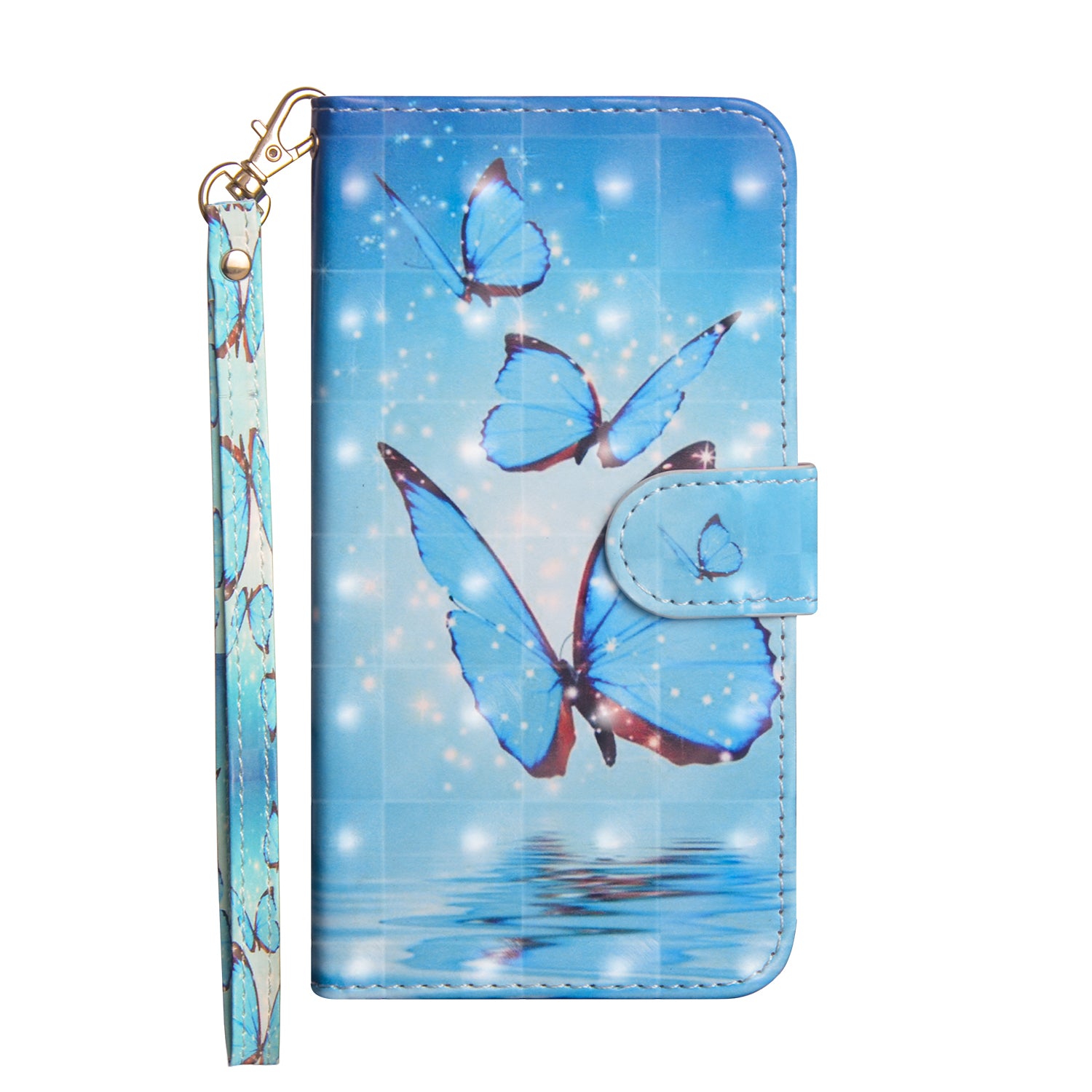 Light Spot Decor Pattern Printing Wallet Stand Leather Shell with Strap for Samsung Galaxy S20 FE 4G/FE 5G/S20 Lite/S20 FE 2022 - Blue Butterfly