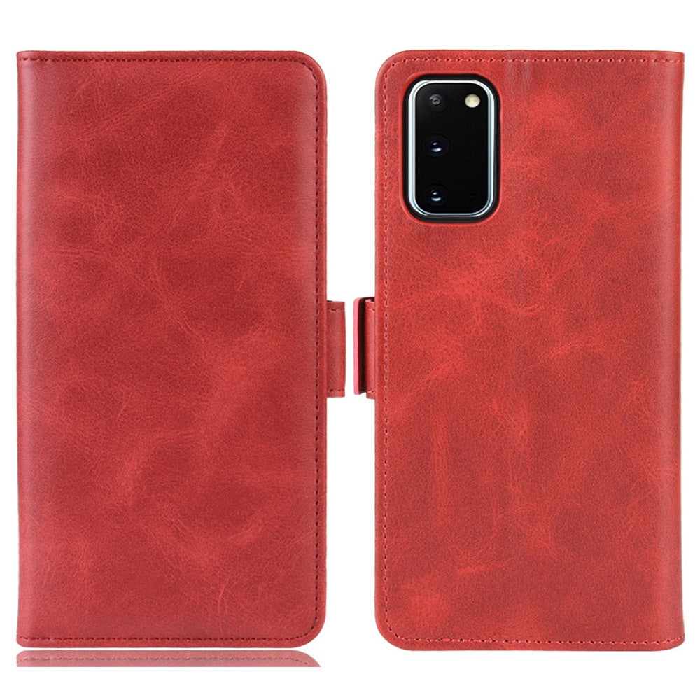 Double Clasp Flip Leather Shell for Samsung Galaxy S20 FE 4G/FE 5G/S20 Lite/S20 FE 2022 with Wallet Stand Design - Red