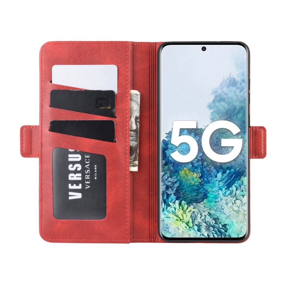 Double Clasp Flip Leather Shell for Samsung Galaxy S20 FE 4G/FE 5G/S20 Lite/S20 FE 2022 with Wallet Stand Design - Red